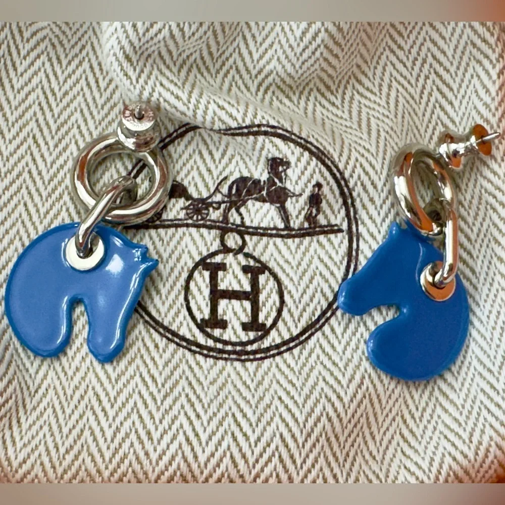 Hermes Tattersall Silver Blue Horse Earrings W/Box - Picture 2 of 5